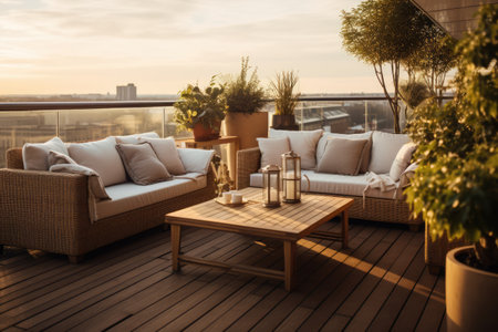 Luxury penthouse terrace with outdoor furniture, created using generative ai technologyの素材