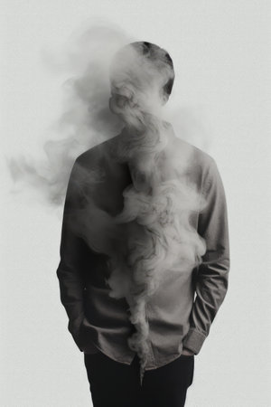 Man with face covered by smoke on grey background, created using generative ai technologyの素材