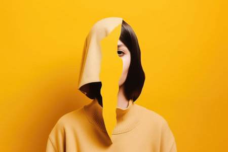 Woman with face covered by yellow paper on yellow background, created using generative ai technologyの素材