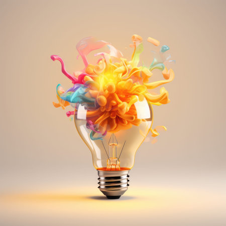 Light bulb with colour explosion on grey background, created using generative ai technologyの素材