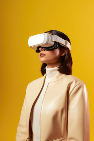 Caucasian woman wearing vr ar headset on yellow background, created using generative ai technologyの素材