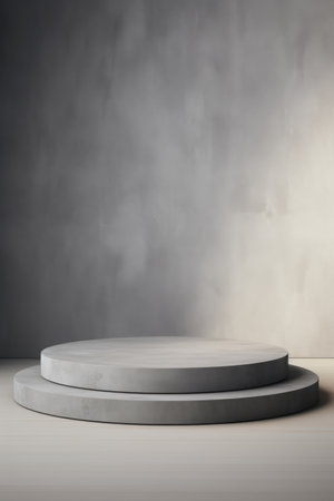 Round display podium with copy space on grey background, created using generative ai technologyの素材
