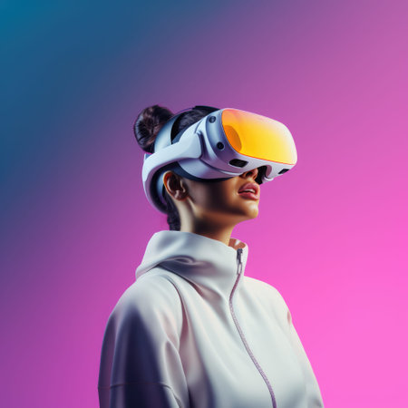 Caucasian woman wearing vr and ar headset on pink background, created using generative ai technologyの素材