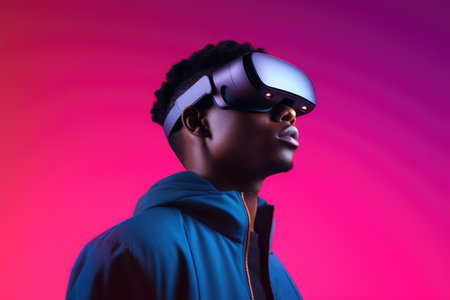 African american man in vr and ar headset on pink background, created using generative ai technologyの素材
