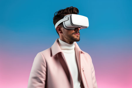 Caucasian man wearing vr and ar headset on blue background, created using generative ai technologyの素材