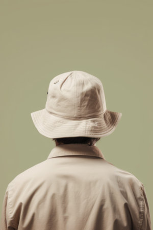Back of man with beige bucket hat on beige background, created using generative ai technologyの素材