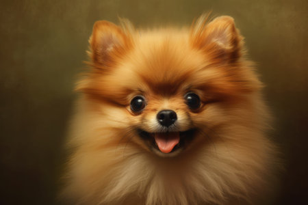Pomeranian Spitz dog portrait on dark background, close upの素材