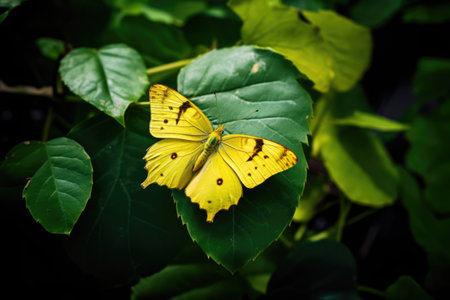 Yellow butterfly on a green leaf in the garden. Beautiful nature background.の素材