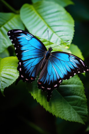 Butterfly on green leaves in a tropical garden, close upの素材