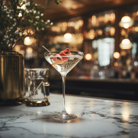 Cocktail in a martini glass on a white marble tableの素材