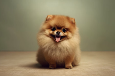 Cute Pomeranian Spitz dog on a green background.の素材