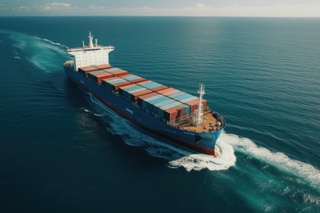 Cargo ship sailing in calm sea waters, created using generative ai technologyの素材