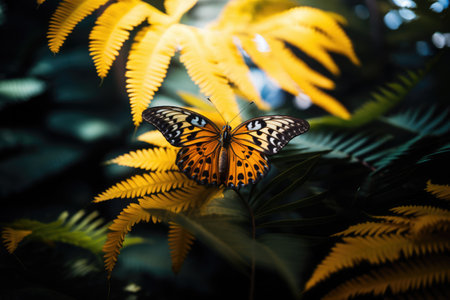 Butterfly on the yellow fern in the tropical rainforestの素材