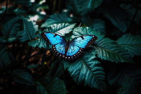 Blue butterfly sitting on a green leaf in the garden, Thailand.の素材