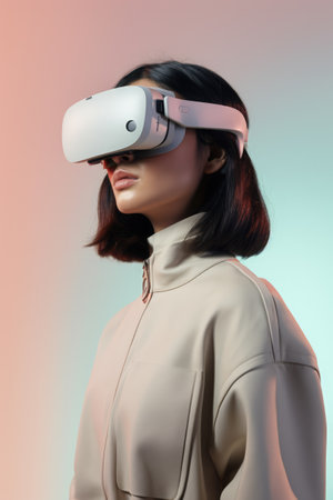 Caucasian woman wearing vr and ar headset on pink background, created using generative ai technologyの素材