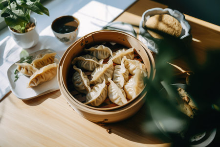 Close up of asian dumplings in bamboo steamer, created using generative ai technologyの素材