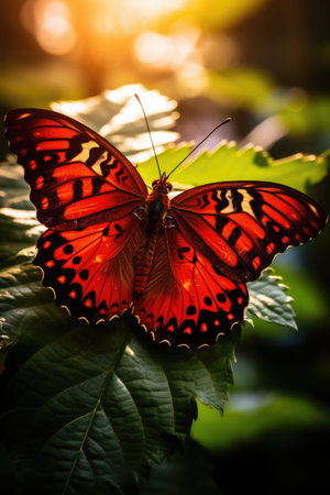 Butterfly on a green leaf. Beautiful butterfly in nature.の素材