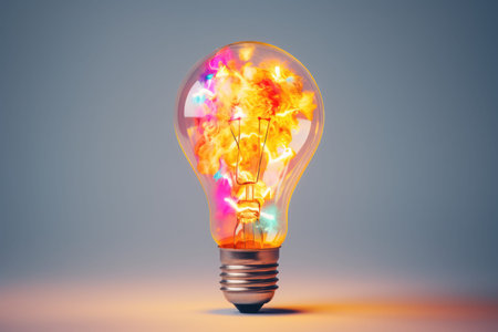 Light bulb with colour explosion on blue background, created using generative ai technologyの素材