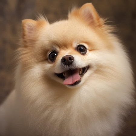 Portrait of a cute Pomeranian dog on a brown backgroundの素材