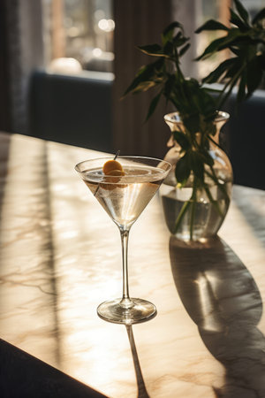 cocktail in martini glassle table with plant in vaseの素材