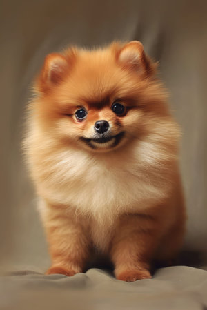 Pomeranian dog on a gray background. Close-up.の素材