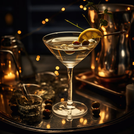 Martini cocktail with olives and lemon on a black background.の素材