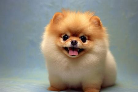 Pomeranian dog on a blue background. Close-up.の素材