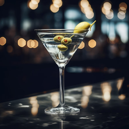 Martini cocktail with olives on the bar counter in a nightclubの素材