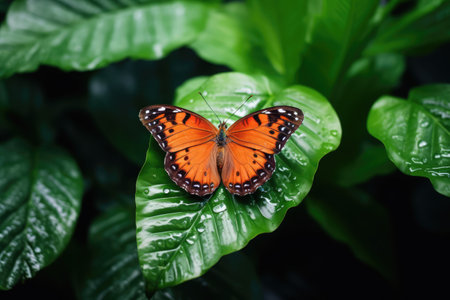 Butterfly on a green leaf in a botanical garden.の素材