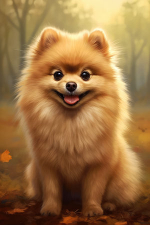 Pomeranian dog sitting in the autumn forest with fallen leaves.の素材