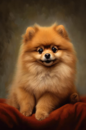 Pomeranian dog portrait. Pomeranian dog on a dark backgroundの素材