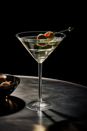Martini glass with olives on a black background, close-upの素材