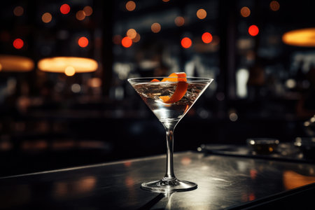 Glass of martini cocktail with orange on bar counter in night clubの素材
