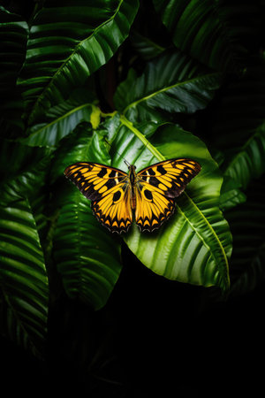 Butterfly on a green leaf in a botanical garden.の素材