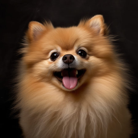Pomeranian Spitz portrait in studio on black background, close-upの素材