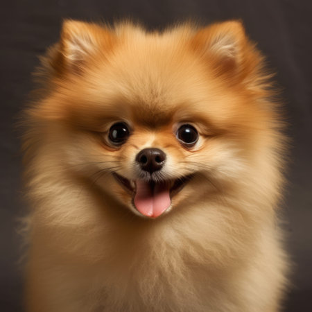 Portrait of a Pomeranian dog on a black background.の素材