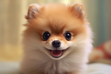 Cute Pomeranian dog on the bed in the room.の素材