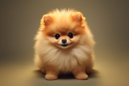 Cute Pomeranian dog sitting on a dark background, studio shotの素材