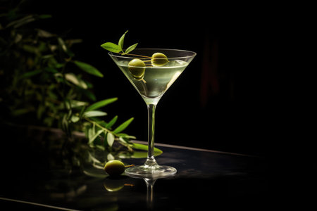 Martini with green olives on a black background. Copy space.の素材