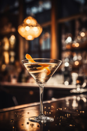 Cocktail in a martini glass on the bar counter.の素材