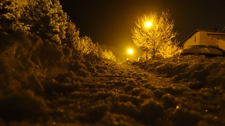 Snow on the street at nightの写真素材