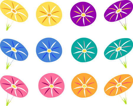 Icon set of morning glory flowers blooming in front and side viewのイラスト素材