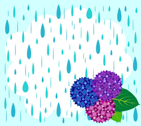 background illustration of lots of raindrops, hydrangeas and cloudsのイラスト素材