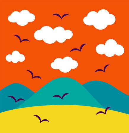 background illustration of a crow and a mountain at duskのイラスト素材