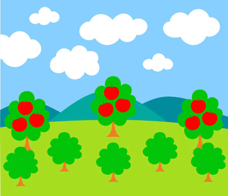 apple tree and mountain background illustrationのイラスト素材