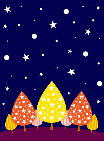background illustration of a night scene of a forest with a starry skyのイラスト素材