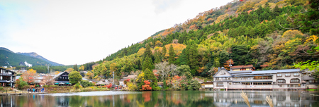 YUFUIN, FUKUOKA ,JAPAN - November 11, 2015: Beautiful Panorama Autumn in Kinrinko Lake on November 11, 2015 in  Yufuin, Fukuoka, Japan.Natural landmark of Yufuin besides Mount Yufu is Lake Kinrinko.のeditorial素材