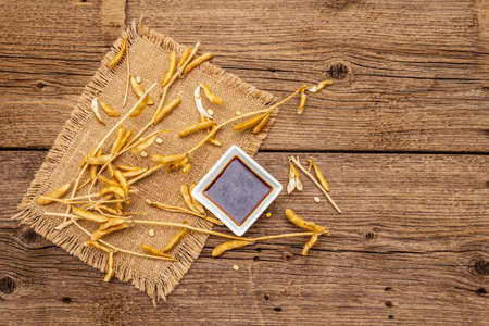 Ripe dry soybeans in pods and dark soy sauce. Cultivated organic agricultural crop, traditional healthy ingredients in oriental food. Vintage sackcloth, wooden boards background, copy space, top viewの写真素材