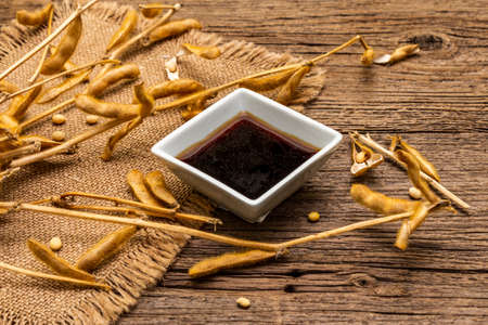 Ripe dry soybeans in pods and dark soy sauce. Cultivated organic agricultural crop, traditional healthy ingredients in oriental food. Vintage sackcloth, wooden boards background, close upの写真素材