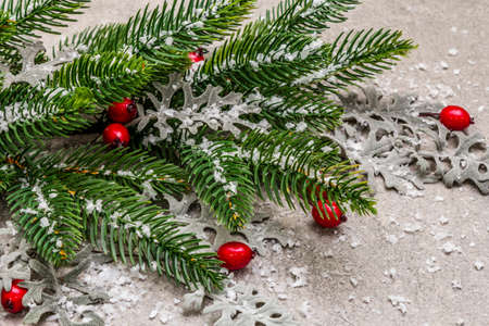 Christmas background. New Year fir tree, dog rose, fresh leaves and artificial snow. Stone concrete backdrop, close upの写真素材